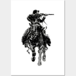 Rustic cowboy with rifle riding horse classic sketch Posters and Art